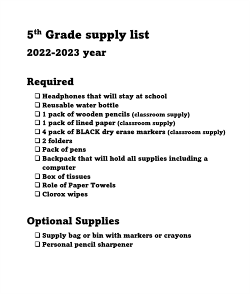 5th grade supply list